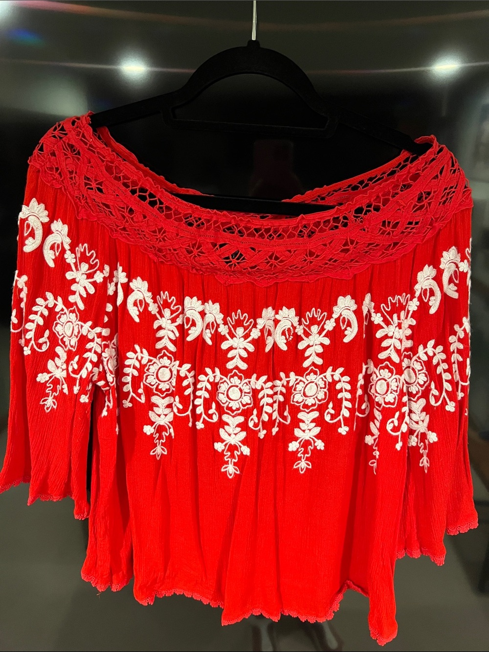 Boho Red Off-Shoulder Embroidered Women's Blouse
